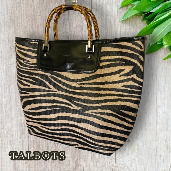 TALBOTS WOVEN BEACH BAG
 Zebra Straw Tan Black Classy Tote 920188624 - Picture 1 of 13